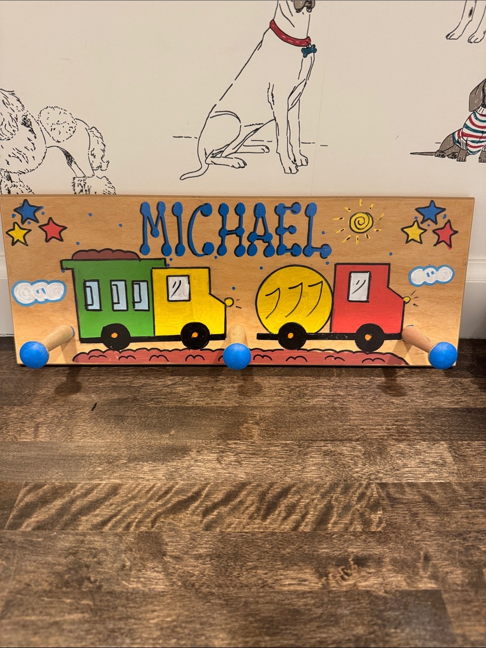 Michael Personalized Kids Wooden Train Wall Hook - Blue, Red, Green, Yellow
